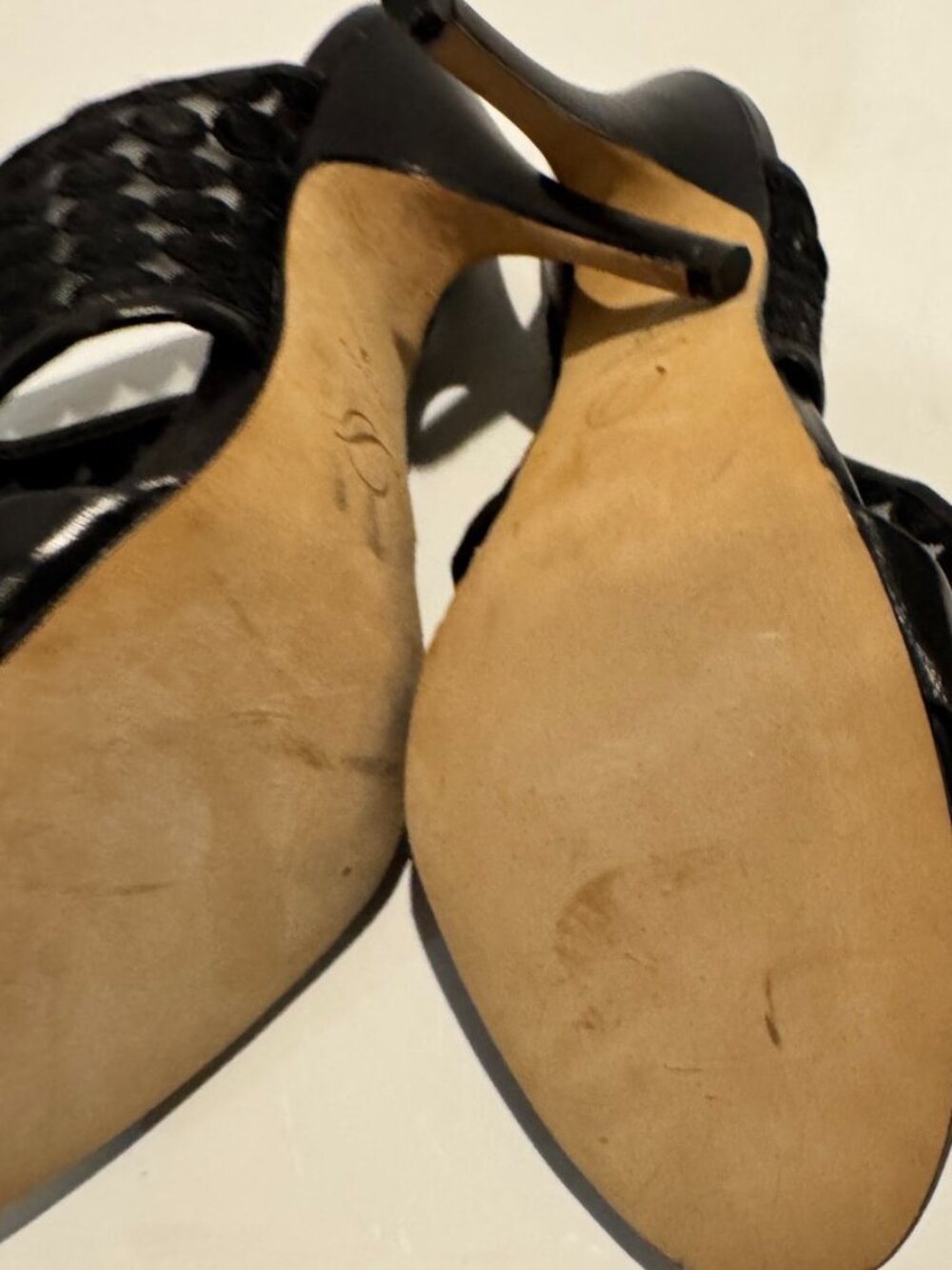 Delman Women's Black High-Heel Sandals w/Mesh Overlay and Leather Straps, Size 9 - Picture 5 of 7